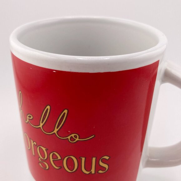 VINTAGE red gold white Hello Gorgeous ceramic mug ~ 1970s 1980s small coffee cup - Picture 5 of 9